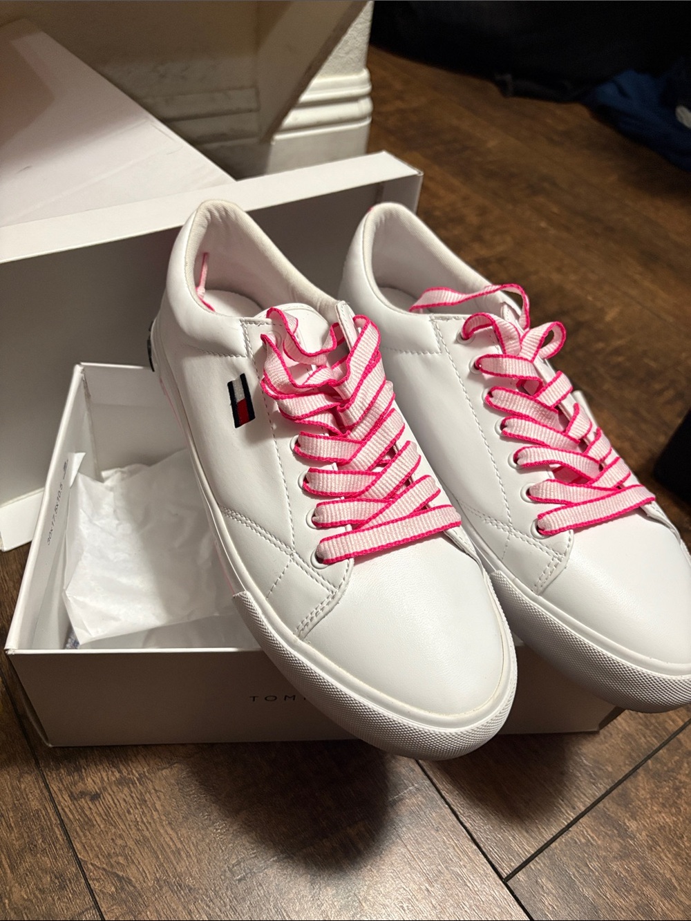 Tommy Hilfiger White Sneakers with Pink Laces